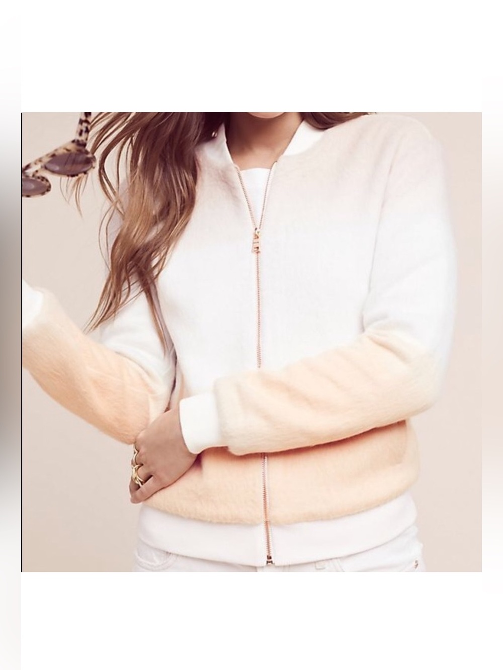 Anthropologie Paper Crown Ombré Fuzzy Bomber Jacket Cream Blush M
